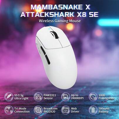 ATTACK SHARK X8SE 55g Ultralight Wireless Gaming Mouse-Up To 25000 DPI,PixArt PAW3311 Sensor,Tri-Mode BT/2.4G/USB-C,80M Clicks,40G Acceleration,500mAh Battery,Web Driver,For Win/