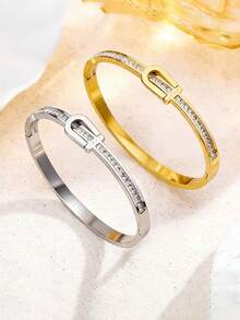 1件简约不锈钢立方氧化锆字母几何手链，百搭日常佩戴，女士礼物 - 手鐲 - 查看 1