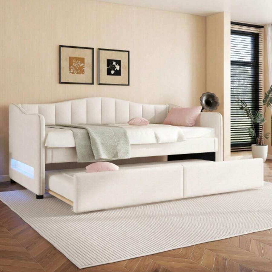 Daybed, 90x200cm Daybed With Pull-Out Bed, Sofa Bed, Single Bed (Without Mattress), Ambient Lighting Design, Linen, Minimalist Styling, Beige - White - View 1