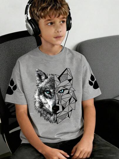 Teenage Boys' Casual Minimalist Wolf Head Print Round Neck Short Sleeve T-Shirt, Suitable For Outdoor Sports And Activities, An Ideal Choice For Spring And Summer Wear.