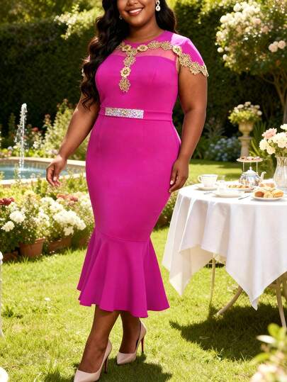 Curvy Women Elegant Midi Mermaid Dress With Sheer Mesh Appliques Rhinestone Belt For Cocktail Party Wedding Guest Spring