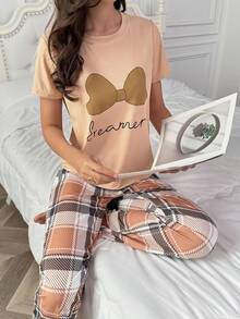 2pcs Women's Spring/Summer Bow Print Top And Plaid Print Pajama Set, Short Sleeve Pants Sleepwear Set - Khaki - View 1