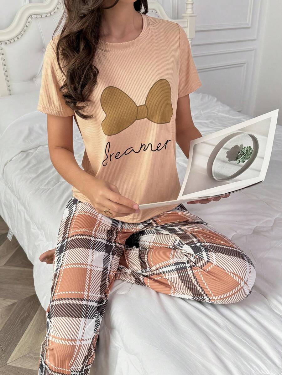 2pcs Women's Spring/Summer Bow Print Top And Plaid Print Pajama Set, Short Sleeve Pants Sleepwear Set - Khaki - View 1