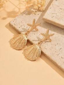 1 Par de Brincos Românticos Estilo Oceano com Decoração de Conchas e Estrelas-do-Mar, Joias Charmosas Perfeitas para Uso Diário, Encontros na Praia e Férias - Multicolorido - Ver 3
