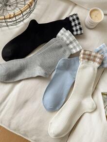 1/4 Pair Women's Mid-Calf Socks, Plaid Lace Design Mid-Calf Socks, Patchwork Cute Long Tube Socks, Versatile Daily Wear - Multicolor - View 3