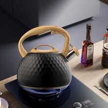 1pc, Tea Kettle, Loud Whistling Kettle For Boiling Water Coffee Or Milk, 3L Heavy Stainless Steel Black Kettle With Wood Pattern Handle, Unique Button Control Kettle Outlet - Negro - Ver 6