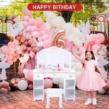 Vanidad para niños con Espejo de Tres Pliegues, Mesa de Cambiador y Taburete para niñas pequeñas, Maquillaje para niños con cajón y estantes Abiertos para niñas de 3 a 9 años, Color Blanco - Blanco - Ver 6