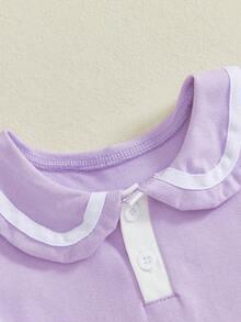 Toddler Baby Girl Summer Dress Half Button-Up Doll Collar Short Sleeve Pleated Dresses - Màu tím - Xem 7