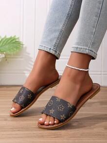 Women's H-Shaped Slippers, Casual Roman Style, Comfortable Low Heel With Embossed Design, Beach Key French Flat Sandals - Coffee Brown - View 3