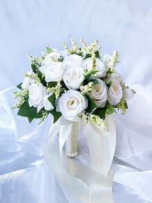 1支新款人造玫瑰花手柄新娘伴娘婚礼玫瑰花束，适用于伴娘、新娘、婚礼用品、摄影、婚礼仪式、家居装饰 - 白色 - 查看 4