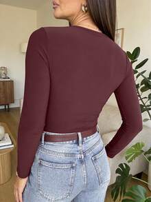 Spring/Summer New Women's Elegant , Fashionable Asymmetric Collar Long Sleeve Fitted Woven Blouse Valentine's Day Hollow Sexy New Year With Gold Ring Detail - Coffee Brown - View 6