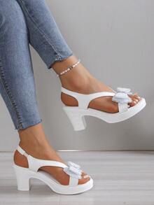 Elegant Rhinestone Sparkling Bow Decor Chunky Heel Sandals, Breathable Luxurious Style For Wedding, Party, Beach Holiday, Women's High Heels, Comfortable For Commuting In Summer, Pure White - White - View 4