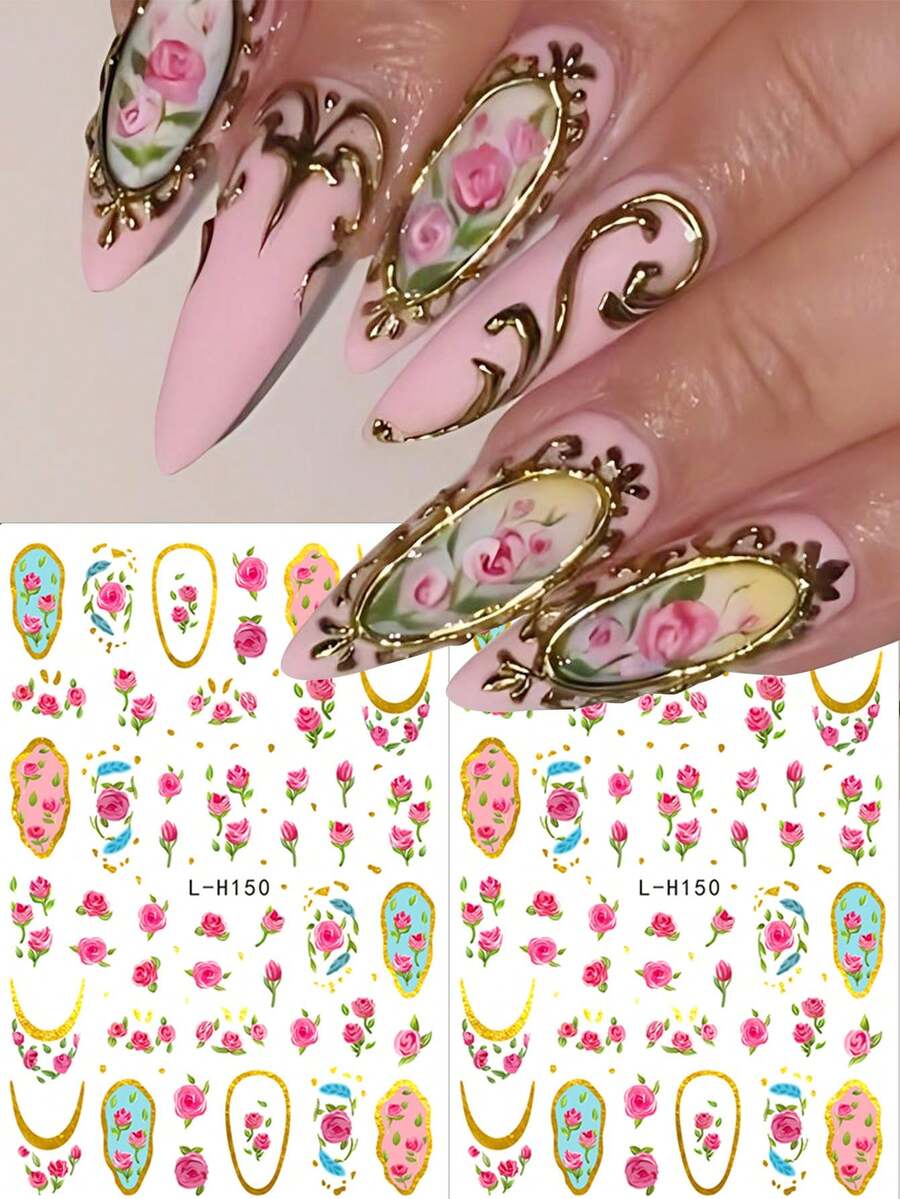 FULL BEAUTY 2片粉色玫瑰花美甲贴纸，复古法式线条圆形图案，欧式田园风，春夏花卉美甲贴花，美甲用品，美甲设计装饰配件 - 彩色 - 查看 1