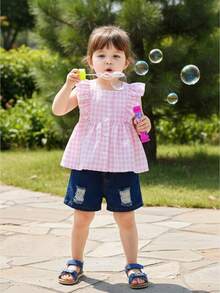 2Pcs Toddler Girls Summer Clothes Infant Baby Gingham Outfit Sleeveless Ruffle T Shirts And Denim Shorts Set - Pink - View 1
