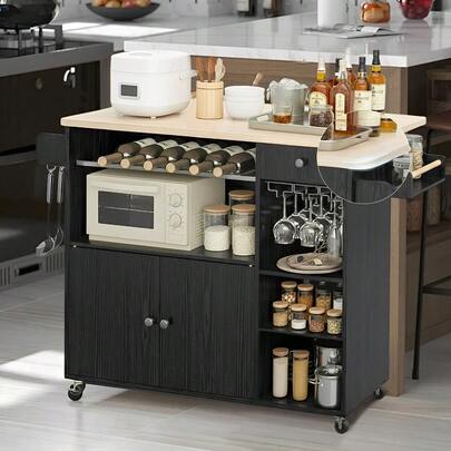 Carrito Auxiliar de Cocina con Isla, Mesa Plegable, Botellero, Soporte para Microondas, Cajón, Estantes, Especiero y Colgador de Tazas, Blanco