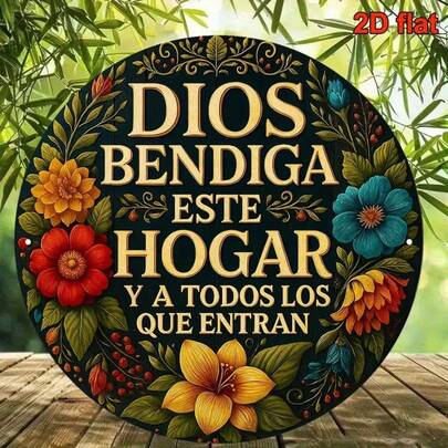 1pc Spanish Prayer Plaque "God Bless This Home" - Bilingual English-Spanish Religious Wall Decor, Includes Latin Blessing, Vintage Round Altar Icon, Suitable For Christmas, Islamic New Year, Housewarming Gifts 2D Flat Design, Random Hole Position