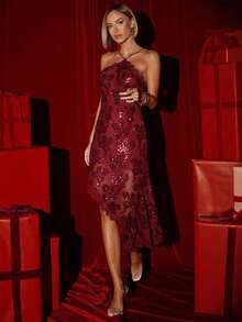 Burgundy Sleeveless Sequin Irregular Slim Party Sequin Dress Sexy Women's Clothing - 酒紅色 - 查看 3