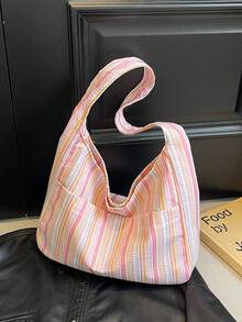 Large Capacity Women Cloth Tote Bag, Shoulder Bag, Casual Stripe Fabric Handbag - Hồng - Xem 3