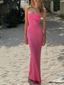 Women's Solid Color Elegant Backless Sexy Fitted Bodycon Party Holiday Casual Long Dress Pink Summer - Pink - View 1