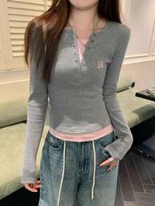 Women's 2 In 1 Contrast Color Fitted Half-Collar Long Sleeve T-Shirt - Grey - View 2