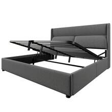 Upholstered Bed, Double Bed 160x200cm With Adjustable Headrest, Hydraulic Bed Frame With Storage, Linen Material, With Metal Frame, Grey (With Mattress) - Grey - View 7