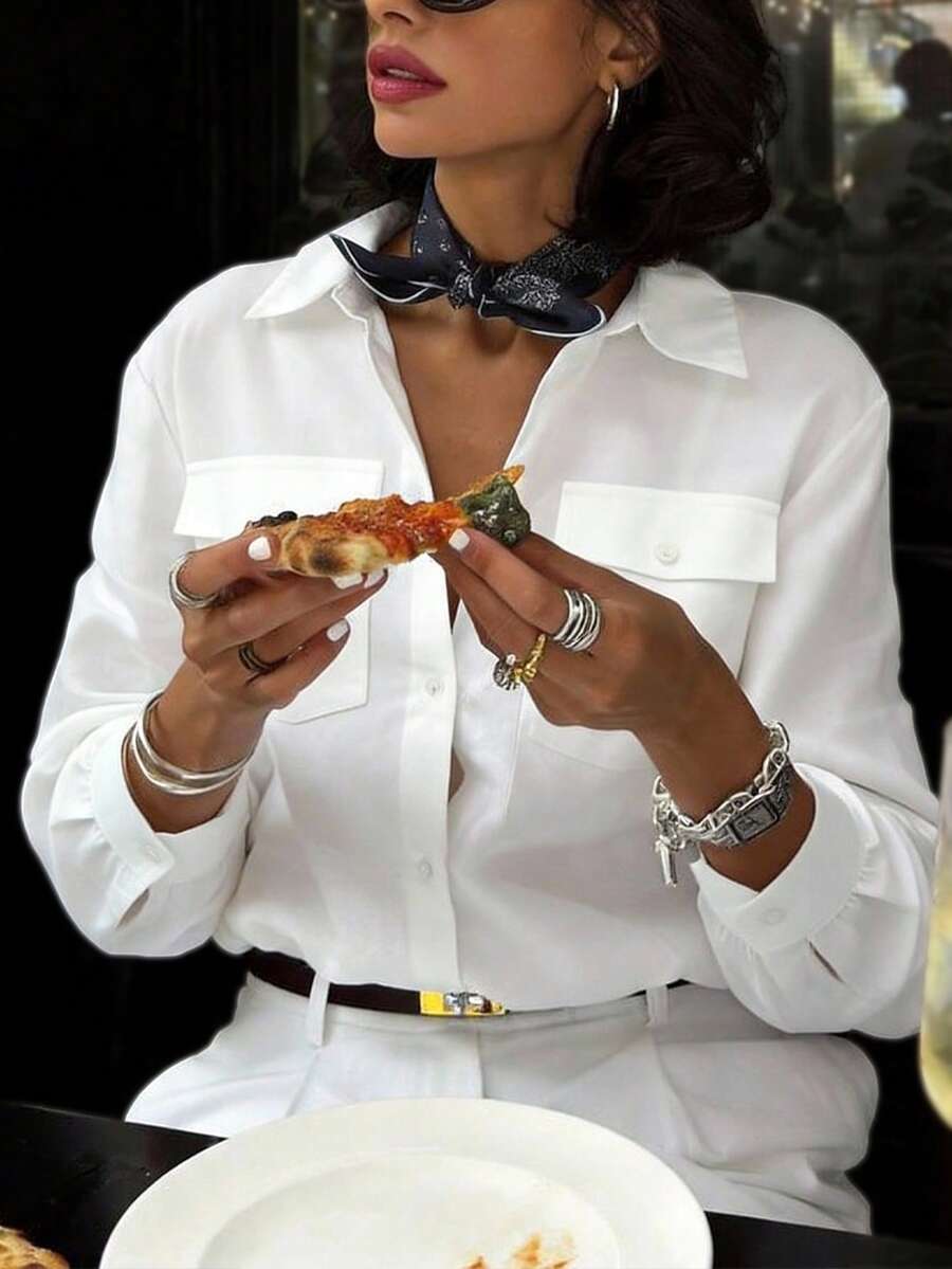 白色长袖纽扣衬衫，优雅休闲日常办公上衣，女士 - 白色 - 查看 1