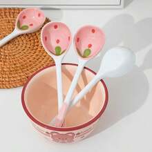 1pc Ceramic Strawberry Design Soup Spoon, Long Handle Dessert Spoon, Cute Tableware For Home Use - Pink - View 5