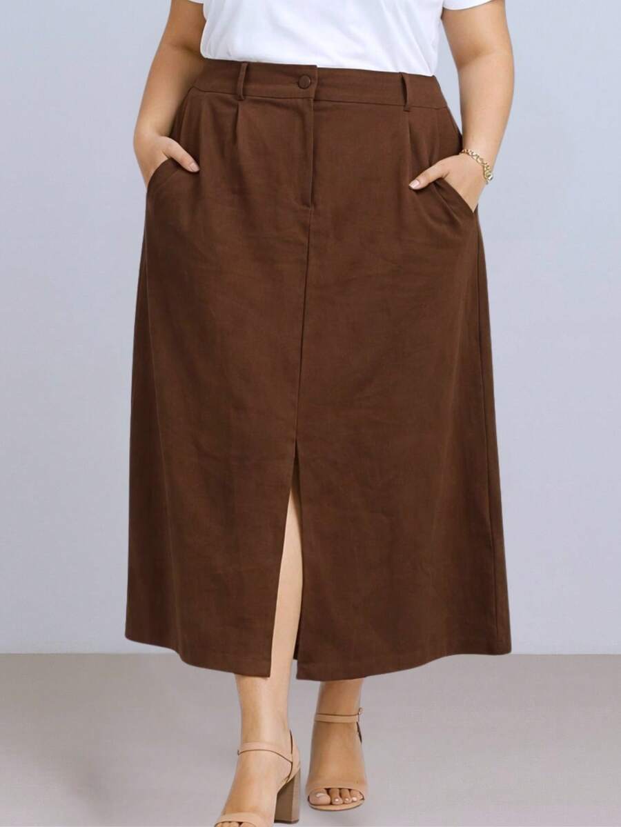 Women's Plus Size Midi Skirt With Front Slit, High Waist, Tailored, Sensual Style, Marrante - Rỉ Nâu - Xem 1
