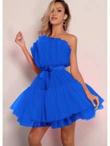 2026 Wish Strapless Mesh Elegant Bow Puffy Dress - Biru - View 1