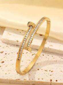 Joyería de acero inoxidable 304 chapada en oro de 18K con elementos populares como diamantes totalmente empedrados, líneas multicapa, diseños brillantes y elegantes - Dorado - Ver 3