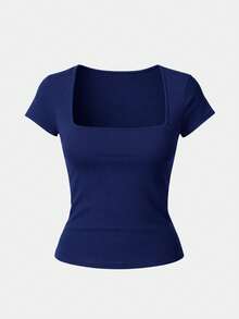 Set Of 3 Women's Short-Sleeve Blouses In Cool Mesh Spandex, Basic Square Neckline - 海軍藍,白色和黑色 - 查看 2