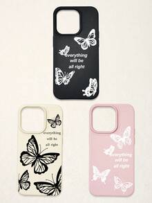 3pcs Butterfly Pattern Phone Cases, Motivational Slogan Positive Energy Phone Cases, Faux Leather Texture Black White Pink Shockproof Protective Covers, Compatible With IPhone & - Multicolor - View 11