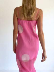 Women Long Dress Dot Print Mesh Spaghetti Strap Cami Dress Summer Fashion Sleeveless Dress - Hồng - Xem 3