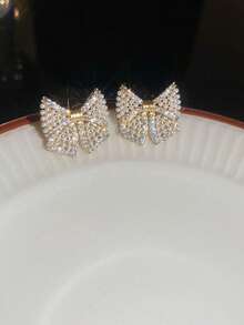 1 Pair Cute Petite Faux Pearl Zirconia Bow Stud Earrings, Fashionable, Versatile, High-Quality Earrings For Women - one-size - View 5