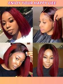 优雅渐变黑红短款波波头假发，女士款，8-14英寸，T字分缝，完美适合日常佩戴和角色扮演，派对假发，彩色直发波波头，可调节绑带 - S1B/99J - 查看 7