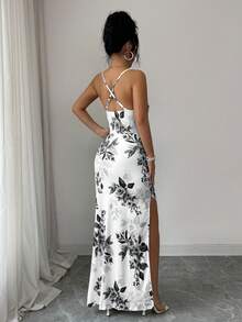 LilyHouse Women's Summer Bohemian Sling Maxi Dress – Full Leaf Print, Elegant & Casual, Must-Have For Beach Trips & Vacations, Sexy Open-Back High-Slit Beach Dress | Valentine's Day Special Acation Outfits Women - Black and White - View 3