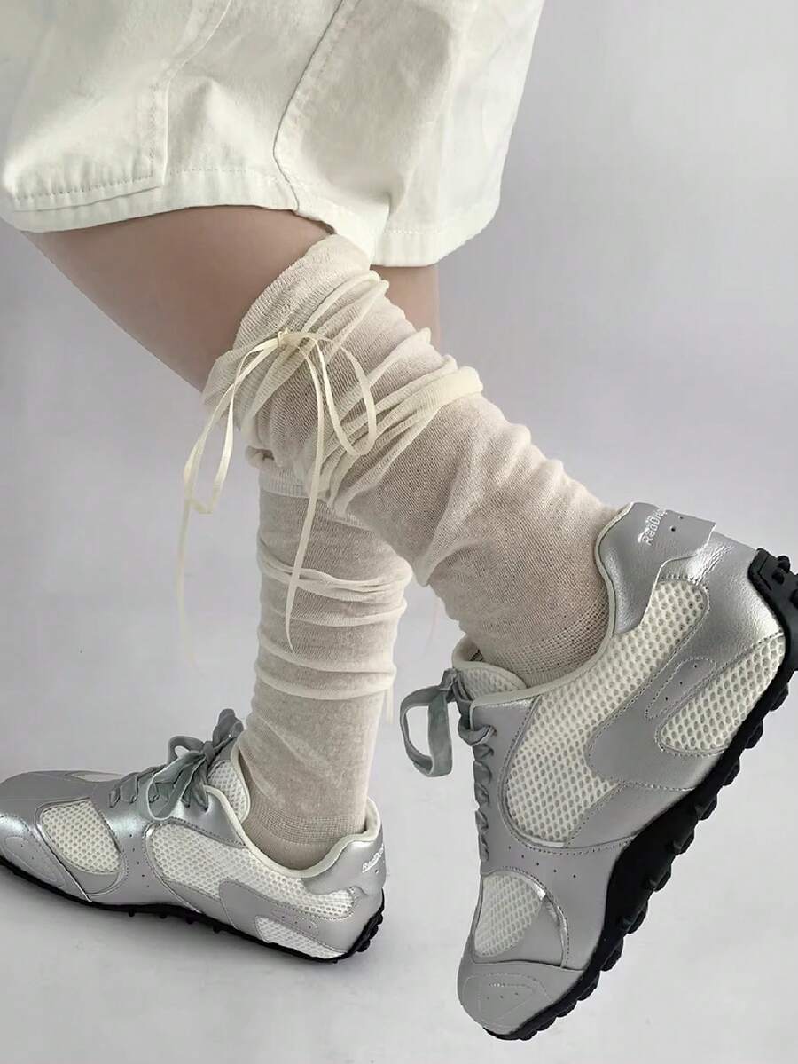 1 Pair Women's Sheer Knit White Slouchy Socks - Lace Trim Tie-Up Loose Leg Warmers, Y2K Aesthetic Knee-High Socks, Suitable For Daily Dates And Street Outfits, Pair Perfectly With Mary Jane Shoes - Multicolor - View 1