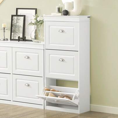 SoBuy Narrow Shoe Cabinet With 3 Doors - Narrow Shoe Cabinet, Adjustable Closed Shoe Rack For Hallway, Corridor & Entrance Area - Hallway Cabinet With Anti-Tip Device 53x117x24cm White FSR94-W
