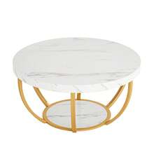 LITTLE TREE Round Coffee Table, 31.7" Modern 2-Tier Circle Coffee Table With Storage Shelves, Accent Cocktail Table Center Table For Living Room - White and Gold - View 9