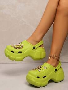 Women's Fashion New Golden Bear Chain Decor Peep Toe High Heels, Free DIY Detachable Accessory Pack Included (Accessory Pack Not Eligible For Quality After-), Suitable For Banquet, Ball, Party, Work, Daily Activities, Outdoor, Casual, Personalized High Heels, Peep Toe, Slippers, Sandals - Grass Green - View 2