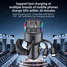 Black Cell Phones Car Charger 1 Multi-Functional Charger Equipped With Two Charging Cables Digital Ambient Light Vehicle Charger Fast Charging Portable Charger 1 USB Interface 2 Type-C Interfaces 1 Type-C Connector Quickly Charging Smart Phones Tablets And Portable Power Banks Valentine's Day Gift - one-size - View 6