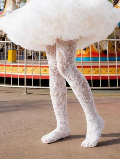 1pc Girls Lace Floral Design White Mesh Tights, Cute Breathable Thin Pantyhose, Fashionable Versatile Soft & Skin-Friendly High Elasticity Leggings, Suitable For Party, Holiday, Dance Performance, Valentine's Day