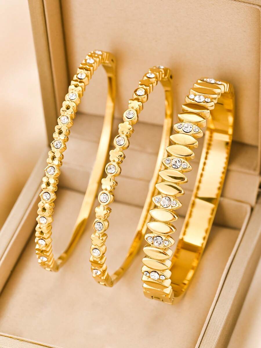 3pcs/Set Luxury Fully Rhinestone Gold Bangle Bracelet Set, Exquisite Niche Design Elegant Accessories For Women, Versatile For Dating, Daily Commute, Street Style, Gift, Valentine's Day - Gold - View 1