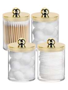 1/2/3/4件装塑料棉签球收纳盒，10盎司浴室收纳盒，透明棉签盒带金色盖子。浴室 - 彩色 - 查看 1