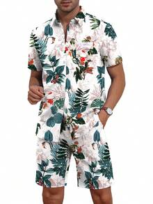 USLAN Mens Flower Hawaiian 2 Piece Outfit Sets Short Sleeve Beach Casual Button Down Shirt And Shorts Suits - trắng - Xem 5