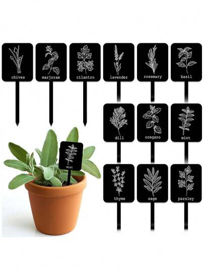 24Pcs Herb Plant Label Signs 12 Styles Garden Herb Markers Waterproof Black Wooden Plant Tags With Names For Nursery Indoor Outdoor Garden Decor