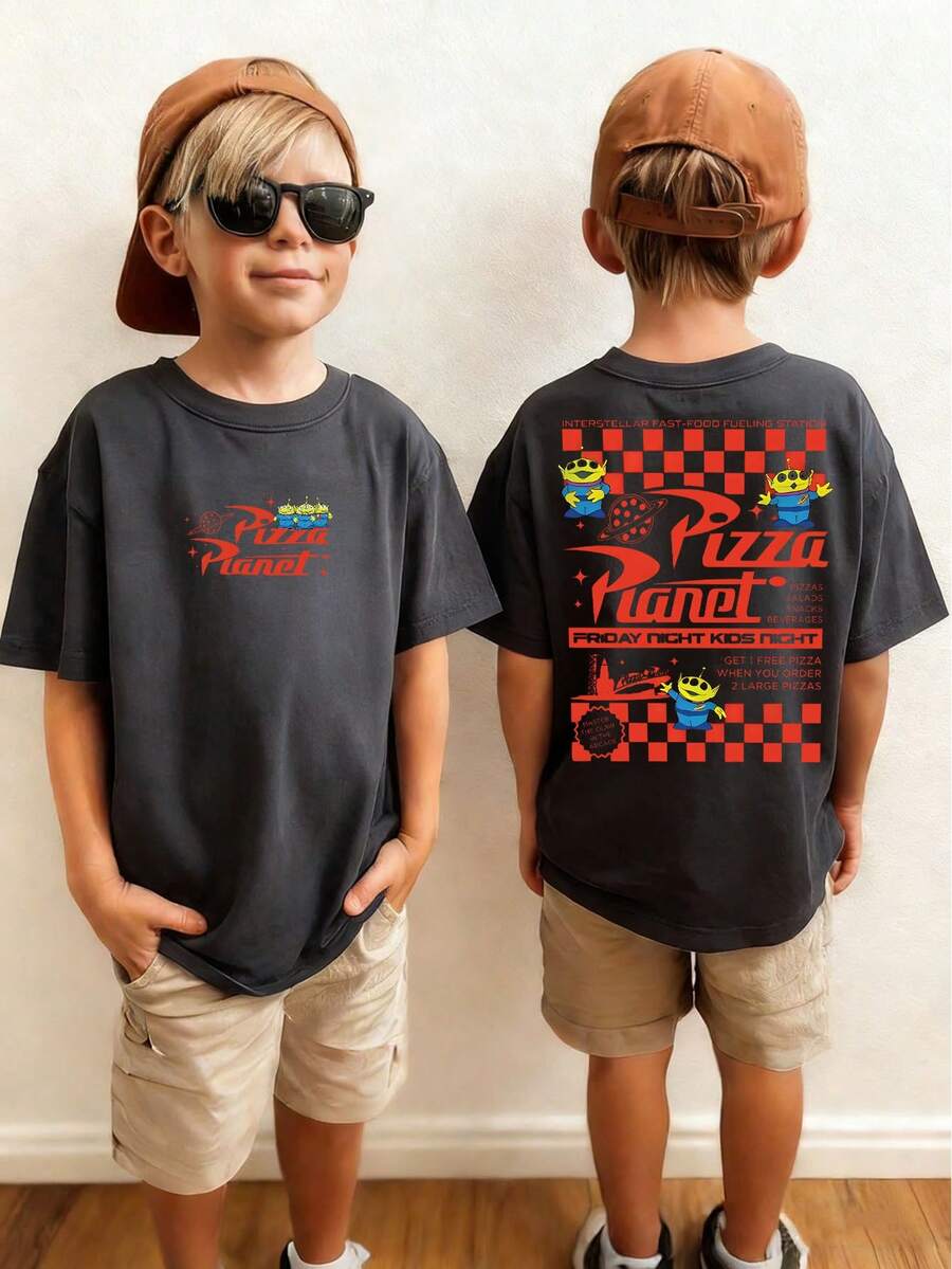Disney Toy Story Pizza Planet Themed Kids' T-Shirt: Black Base With Double-Sided Print Of 'Pizza Planet' Logo, Aliens And Retro Fast-Food Elements. The Style Fits Kids' Multi-Scene Daily Wear - 深灰色 - 查看 1
