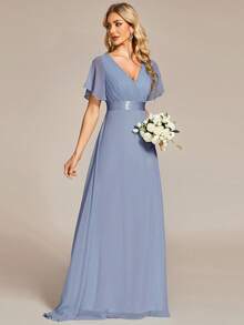 EVERPRETTY Elegant Solid Color Butterfly Sleeve Cinched Waist Chiffon Blue Bridesmaid Dress, Suitable For Weddings, Parties, Anniversaries And Other Formal Occasions In Spring And Summer - Dusty Blue - View 6