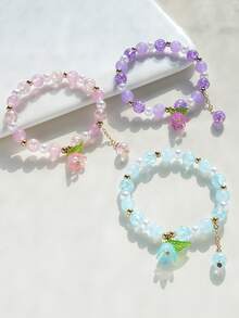 Set de 3 piezas Pulsera elástica con cuentas con diseño de flor de lirio - Multicolor - Ver 6