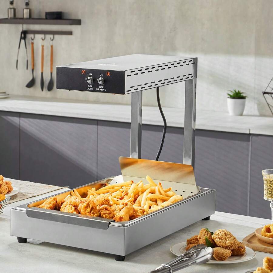 French Fry Food Warmer 750W Commercial Food Heating Lamp Electric Stainless Steel Warming Light Dump Station Countertop 104-122°F Fries Food Warmer For Chip Buffet Kitchen Restaurant Silver - 銀色 - 查看 1